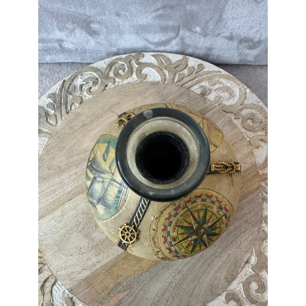 Vintage Italian Leather Wrapped Nautical Decanter Ship CompassWooden Stopper 11